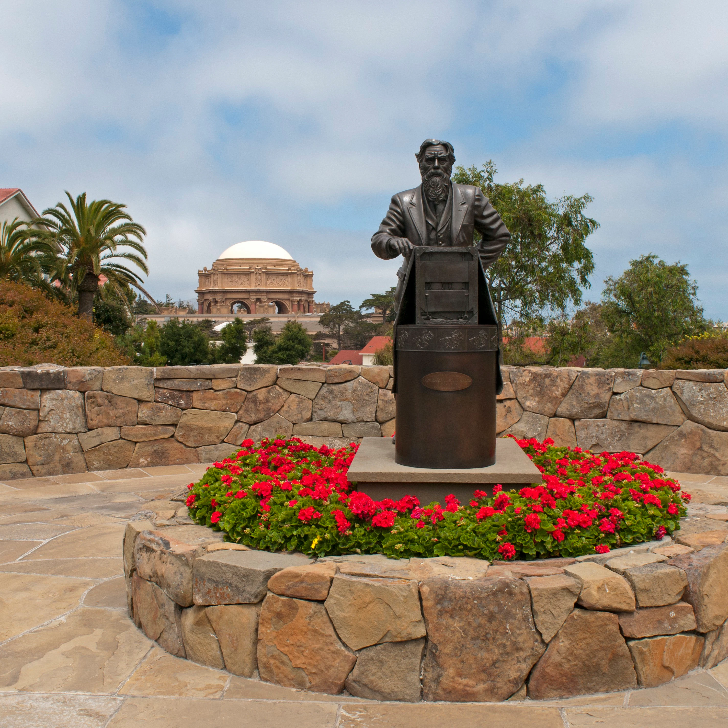 Eadweard Muybridge statue and Palace of Fine Arts from Letterman Digital Arts Center.