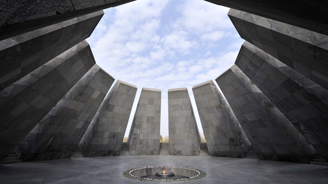"Yerevan, Armenia - October 28, 2009. Eternal flame in Tsitsernakaberd. Tsitsernakaberd is a memorial dedicated to the victims of the Armenian Genocide in 1915. Yerevan, Armenia. The eternal flame inside the memorial."