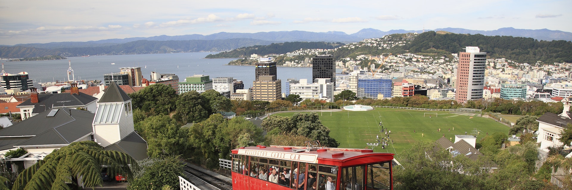 Cable Car and view over Wellington city and harbour, Kelburn, Wellington, New Zealand