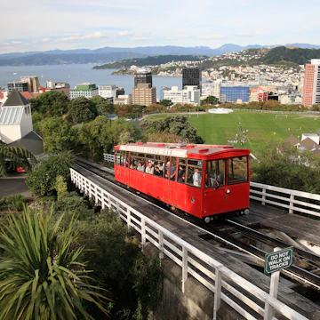 Cable Car and view over Wellington city and harbour, Kelburn, Wellington, New Zealand
