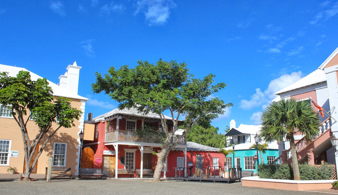 King's Square in St George town, Bermuda. This is the old settlement in Bermuda and like most of the island it is characterised by colourful houses. St. George is described as the oldest, continually inhabited English settlement in the new world. It is a UNESCO World Heritage Site.