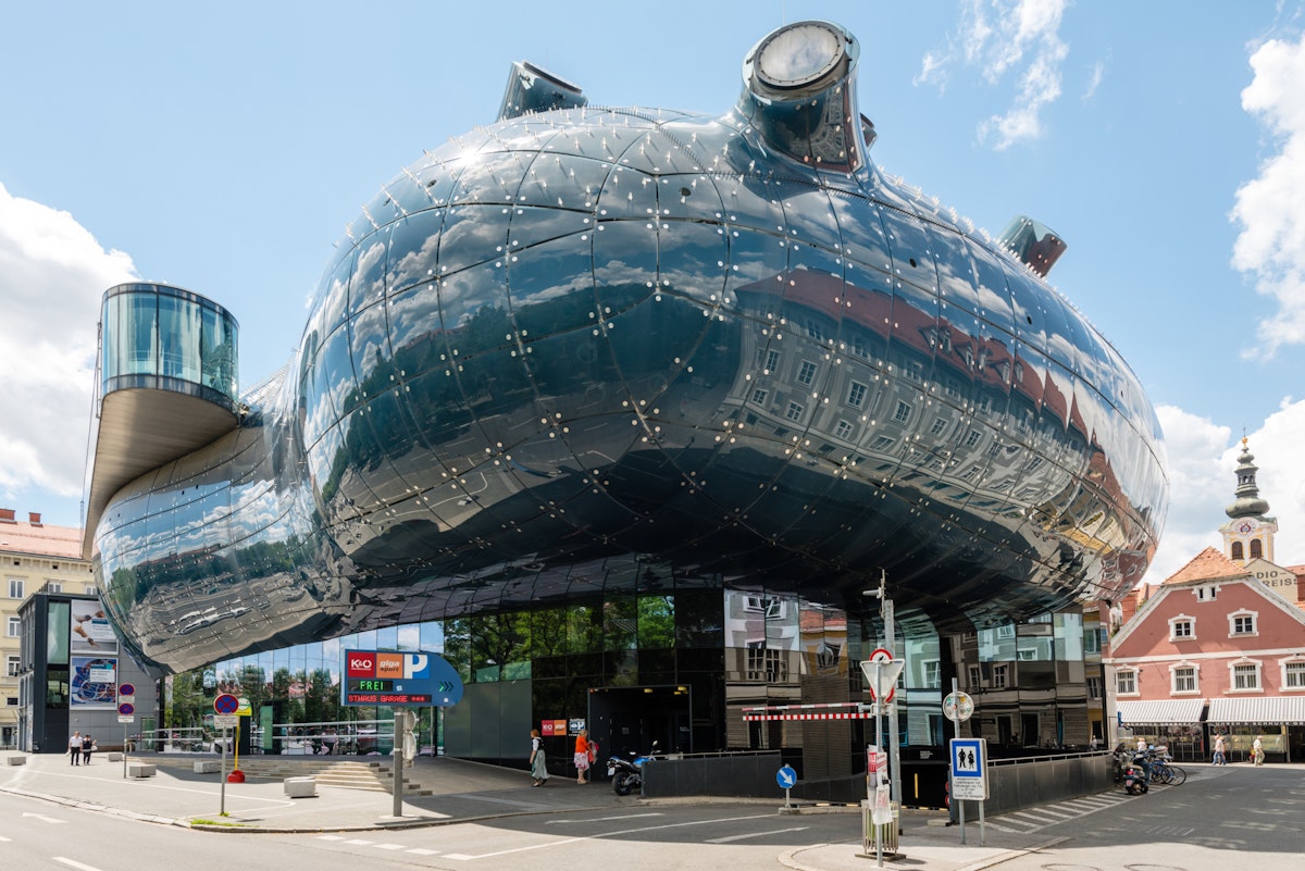 Graz, Austria - June 18, 2016: Kunsthaus Graz, an exhibition centre for contemporary art. The Kunsthaus with its futuristic design is also called the Friendly Alien by its architects Peter Cook and; Shutterstock ID 439401436; Your name (First / Last): Daniel Fahey; GL account no.: 65050; Netsuite department name: Online Editorial; Full Product or Project name including edition: Nice and Graz POIs