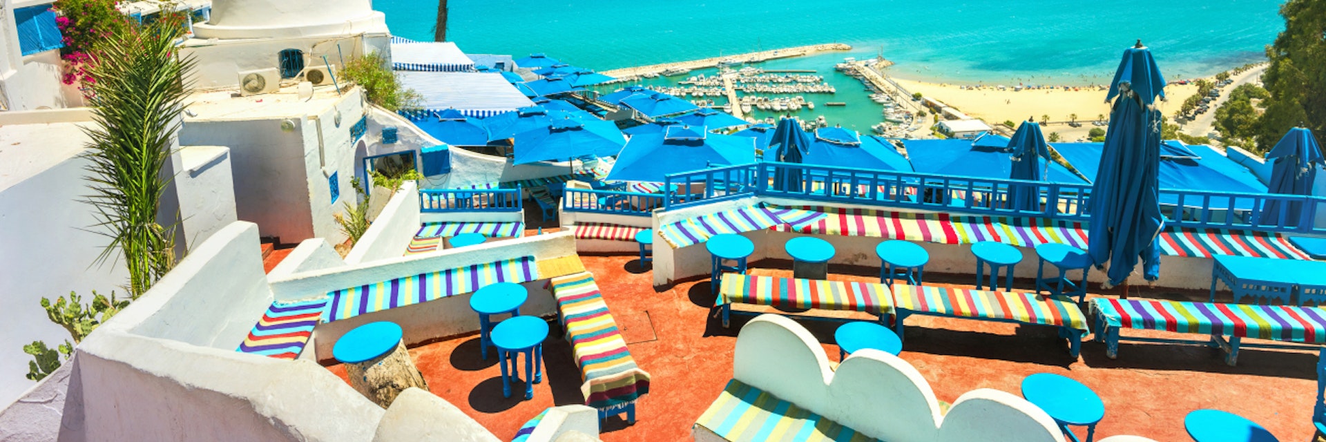 Beautiful view over of seaside and white blue village Sidi Bou Said. Tunisia, North Africa.; Shutterstock ID 686855305; Your name (First / Last): Lauren Keith; GL account no.: 65050; Netsuite department name: Online Editorial; Full Product or Project name including edition: Tunisia Destination Page image update