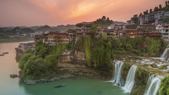 Old town above waterfalls, in Hunan province, China
