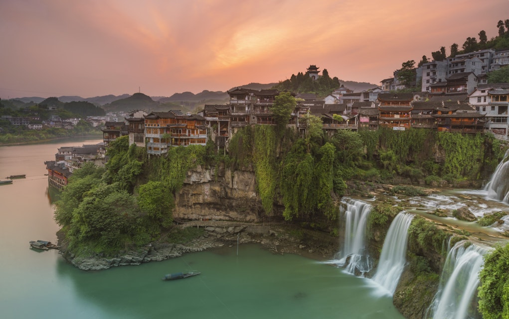 Old town above waterfalls, in Hunan province, China