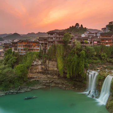 Old town above waterfalls, in Hunan province, China