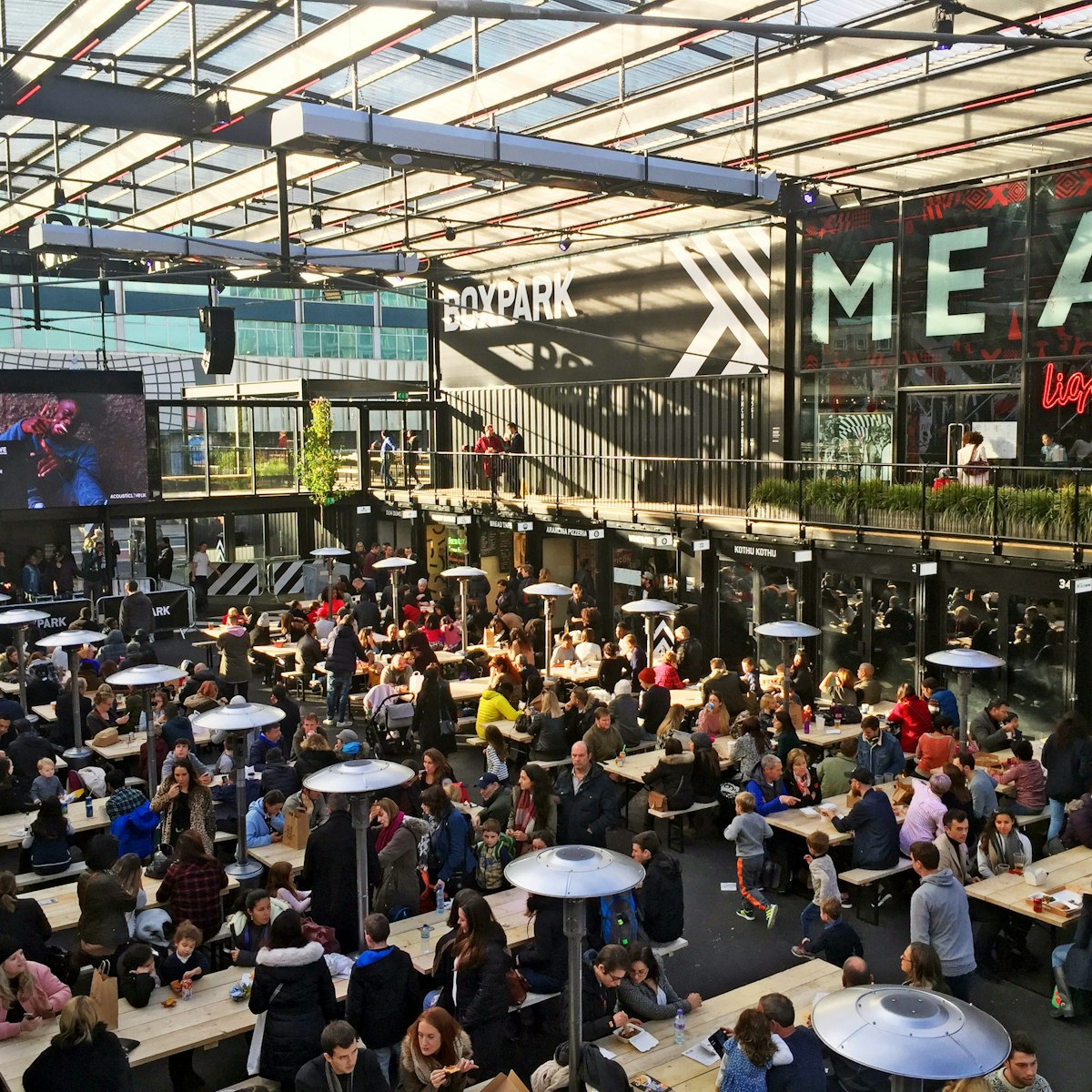 The central seating area of Boxpark in Croydon