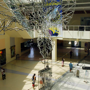 Overhead of 'Hypar' kinetic sculpture in California Science Center, Exposition Park.