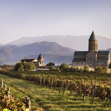 Vineyard and Alaverdi Cathedral with Caucasus Mountains in background.