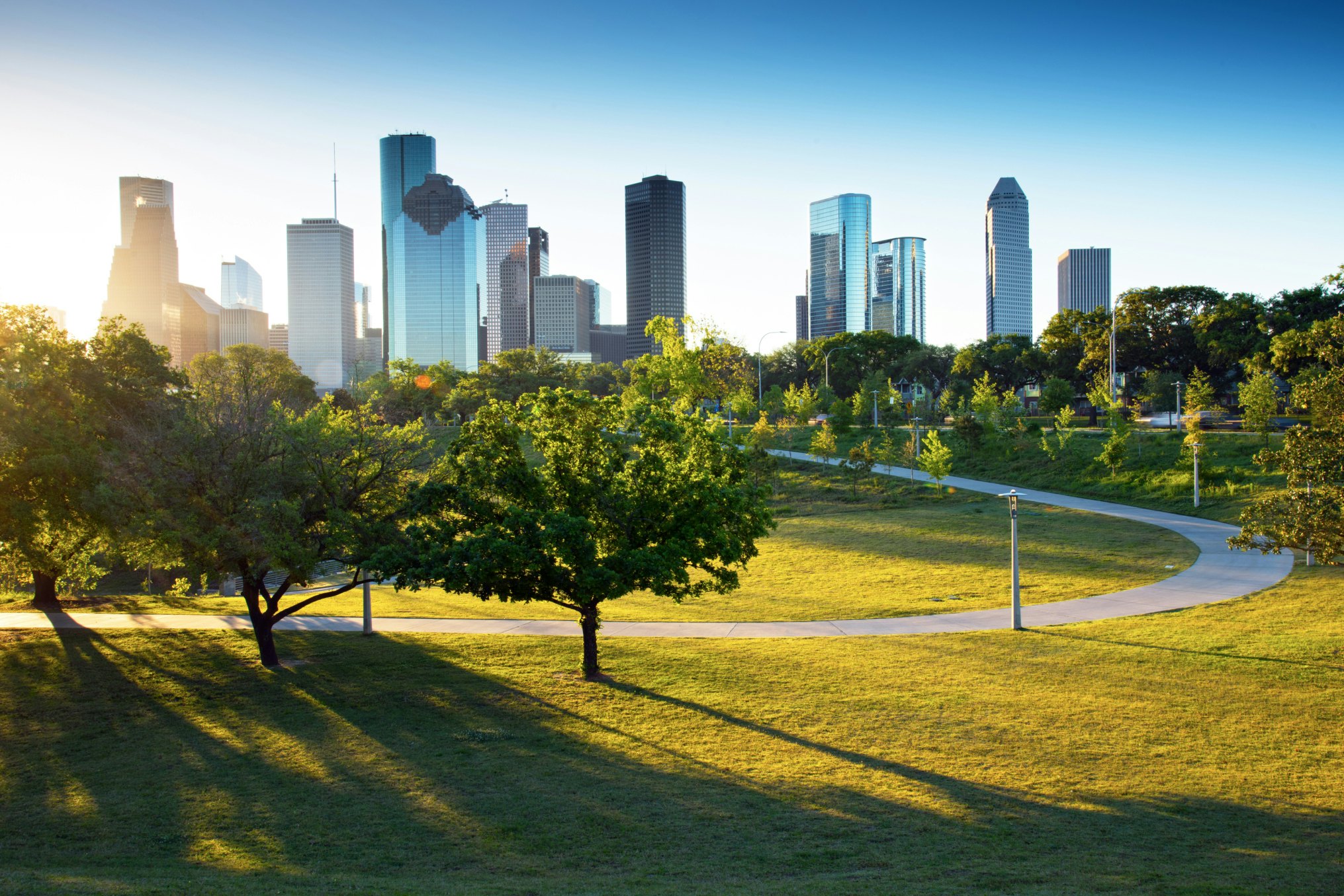 Urban Buffalo Bayou Park offers downtown Houston a green oasis for recreation and beautiful views of the skyline.