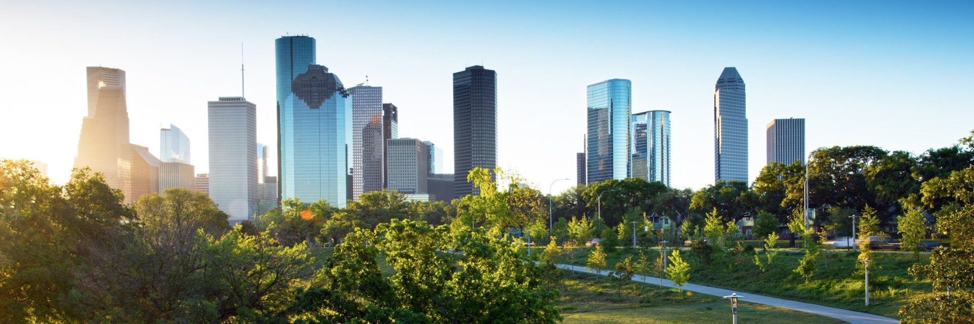 Urban Buffalo Bayou Park offers downtown Houston a green oasis for recreation and beautiful views of the skyline.