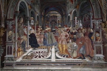 Celestine III granted privileges of autonomy to hospital, 1442-1444, fresco by Domenico di Bartolo (ca 1400-ca 1447), Pellegrinaio in Santa Maria della Scala Museum complex, Siena, Tuscany, Italy