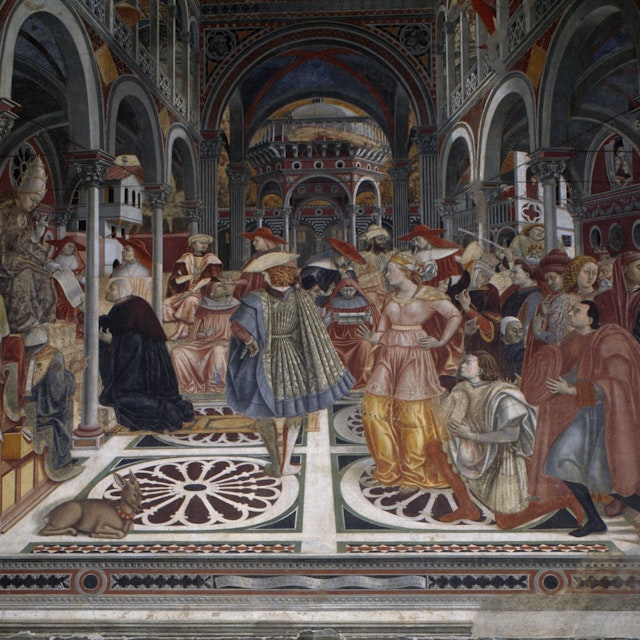 Celestine III granted privileges of autonomy to hospital, 1442-1444, fresco by Domenico di Bartolo (ca 1400-ca 1447), Pellegrinaio in Santa Maria della Scala Museum complex, Siena, Tuscany, Italy