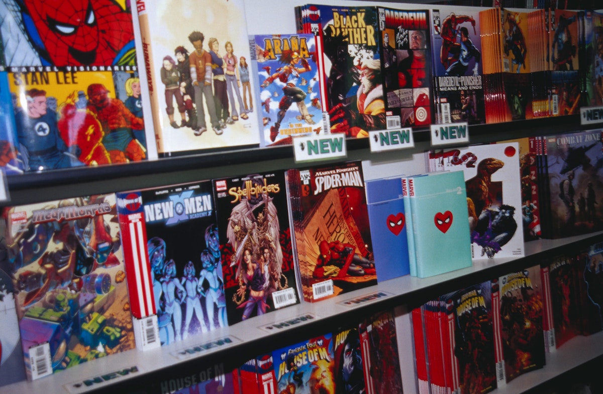 Racks of comics for sale at Meltdown Comics, West Hollywood.