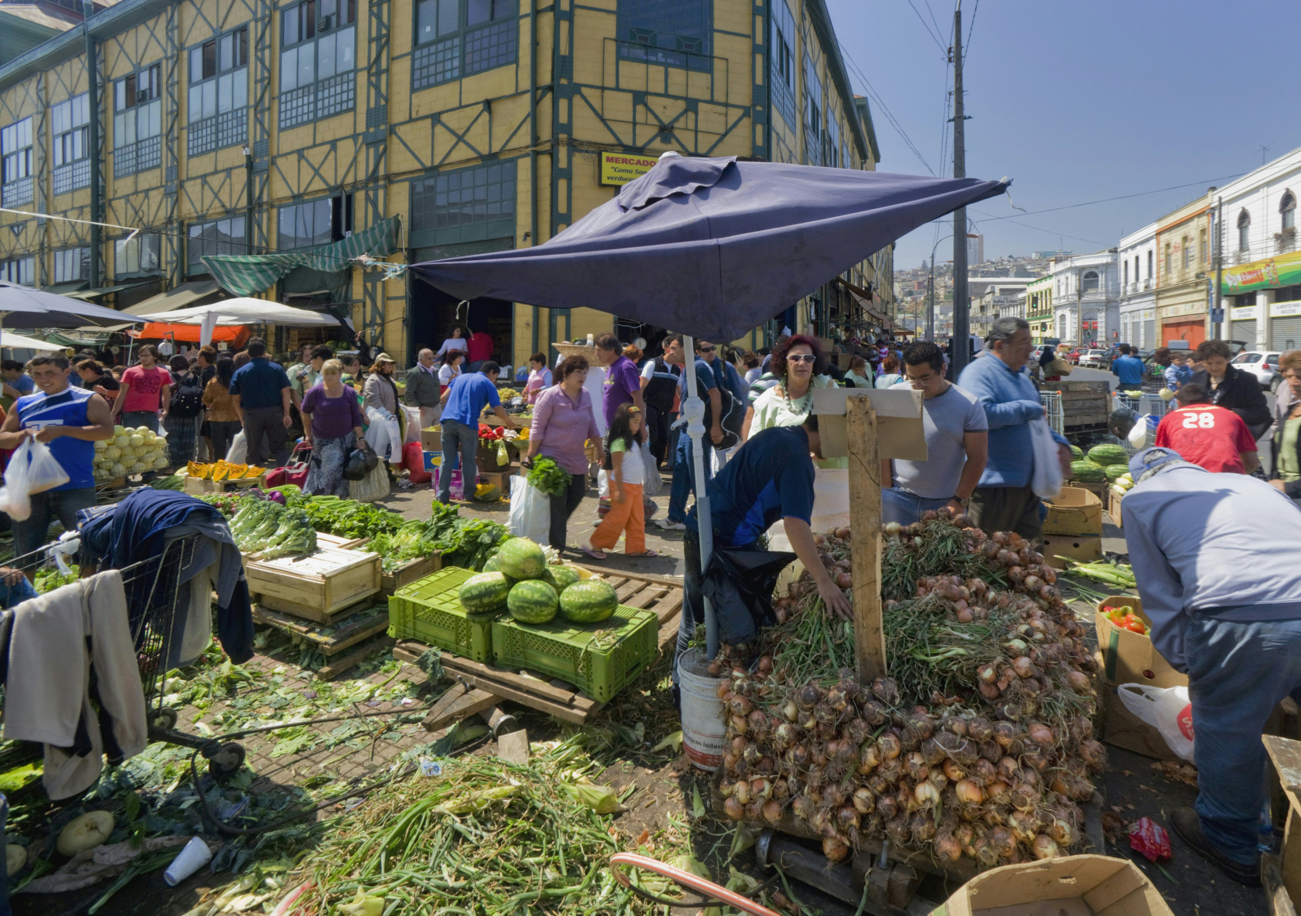 Vendors and buyers at Mercado Cardonal, ValparaIso, Chile