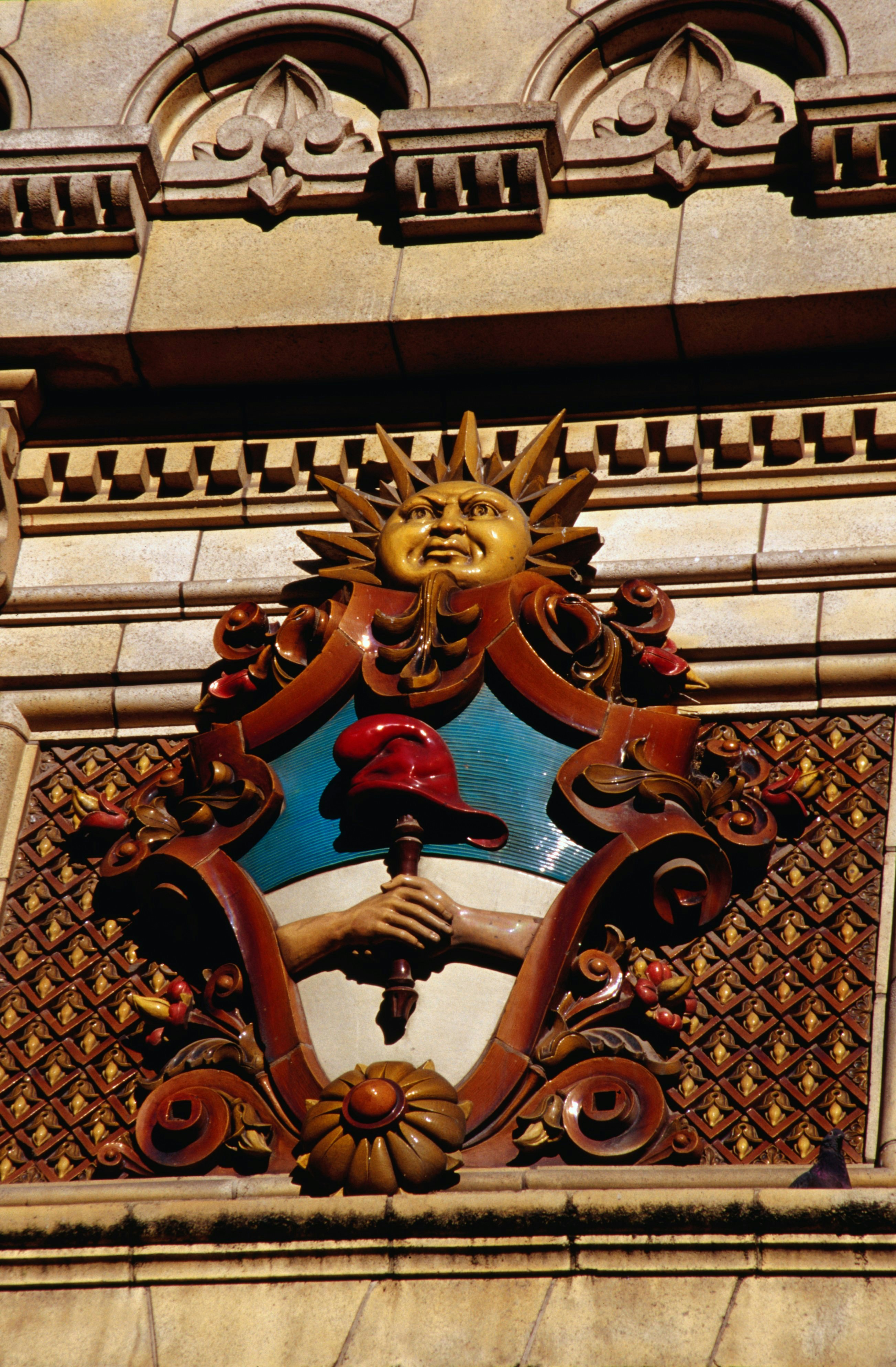 Argentine coat of arms on facade of Palacio de las Aguas Corrientes.