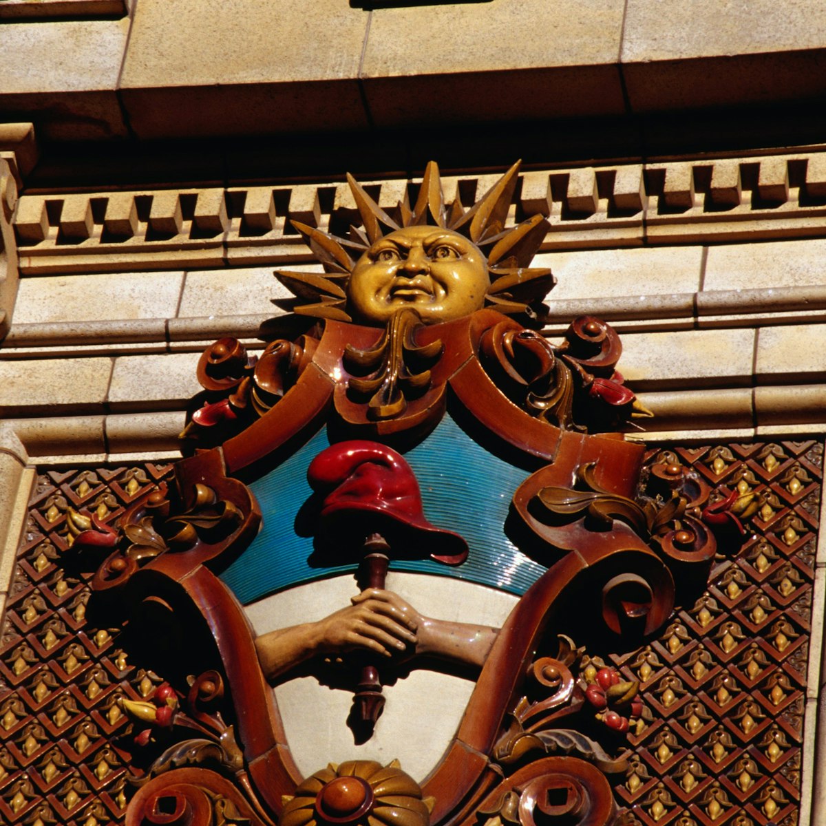Argentine coat of arms on facade of Palacio de las Aguas Corrientes.