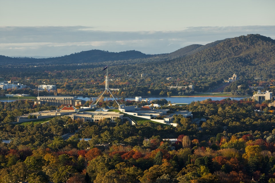 Autumn view of Parliament House skyline from Red Hill lookout.  Canberra, Australian Capital Territory (ACT), Australia