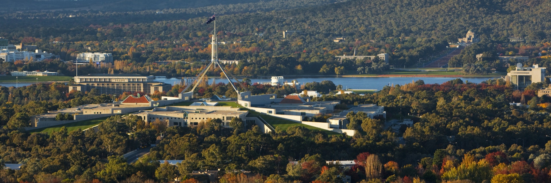 Autumn view of Parliament House skyline from Red Hill lookout.  Canberra, Australian Capital Territory (ACT), Australia