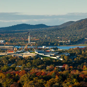 Autumn view of Parliament House skyline from Red Hill lookout. Canberra, Australian Capital Territory (ACT), Australia