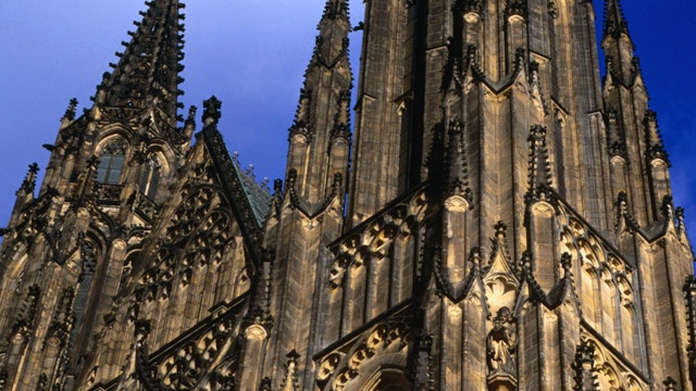 The Gothic towers of Prague's St Vitus's Cathedral. The cathedral is the largest and the most important church in the city.