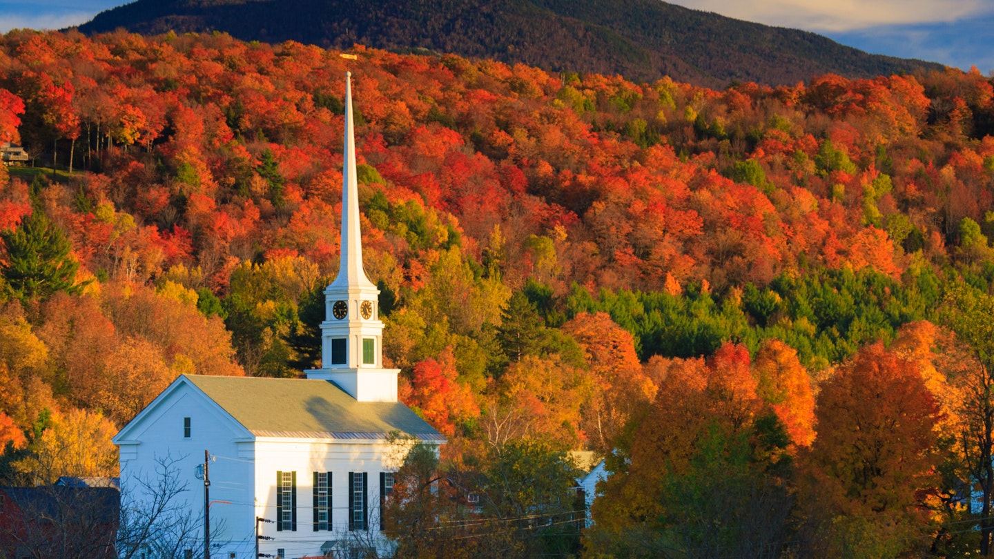 Fall Foliage and the Stowe Community Church, Stowe, Vermont, USA; Shutterstock ID 208811758; Your name (First / Last): Trisha Ping; GL account no.: 65050; Netsuite department name: Online Editorial; Full Product or Project name including edition: Trisha Ping/65050/Online Editorial/New England