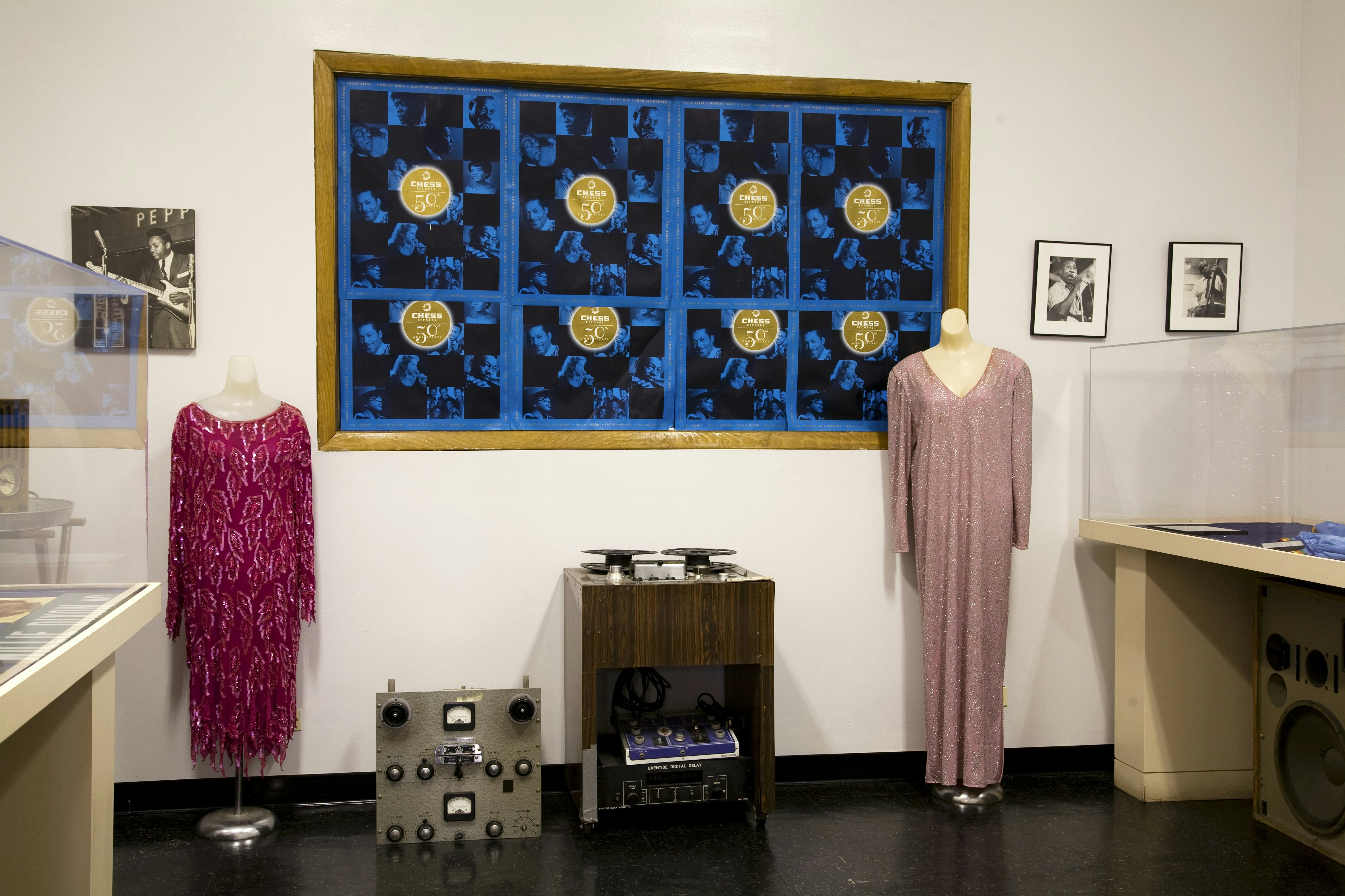 Display of blues artifacts and memorabilia including dresses and sound equipment at Willie Dixon's Blues Heaven, South Loop.