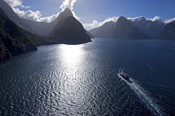Overview of Milford Mariner cruising Milford Sound.