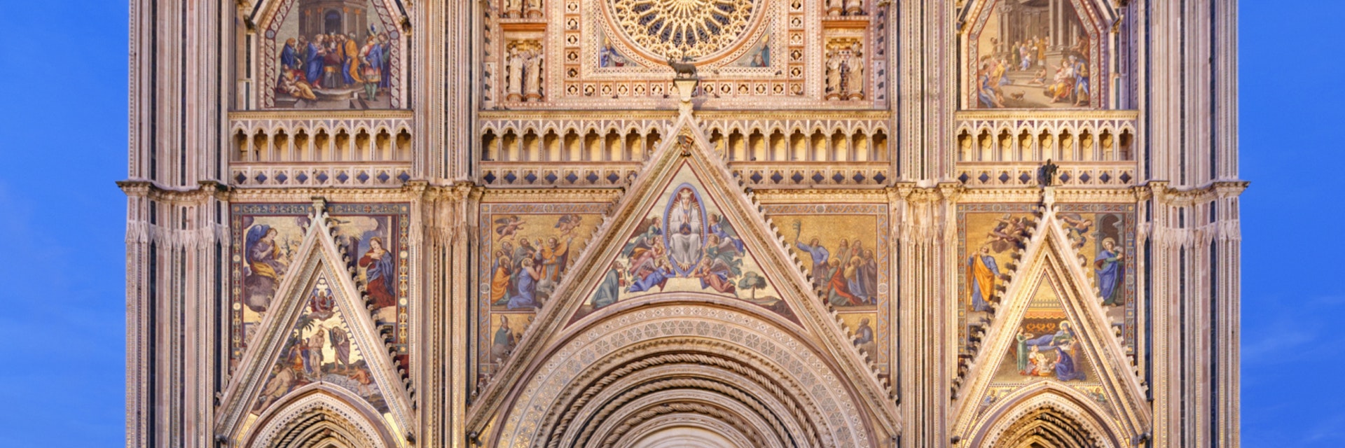 Facade of Orvieto Cathedral at dusk