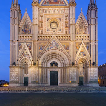 Facade of Orvieto Cathedral at dusk