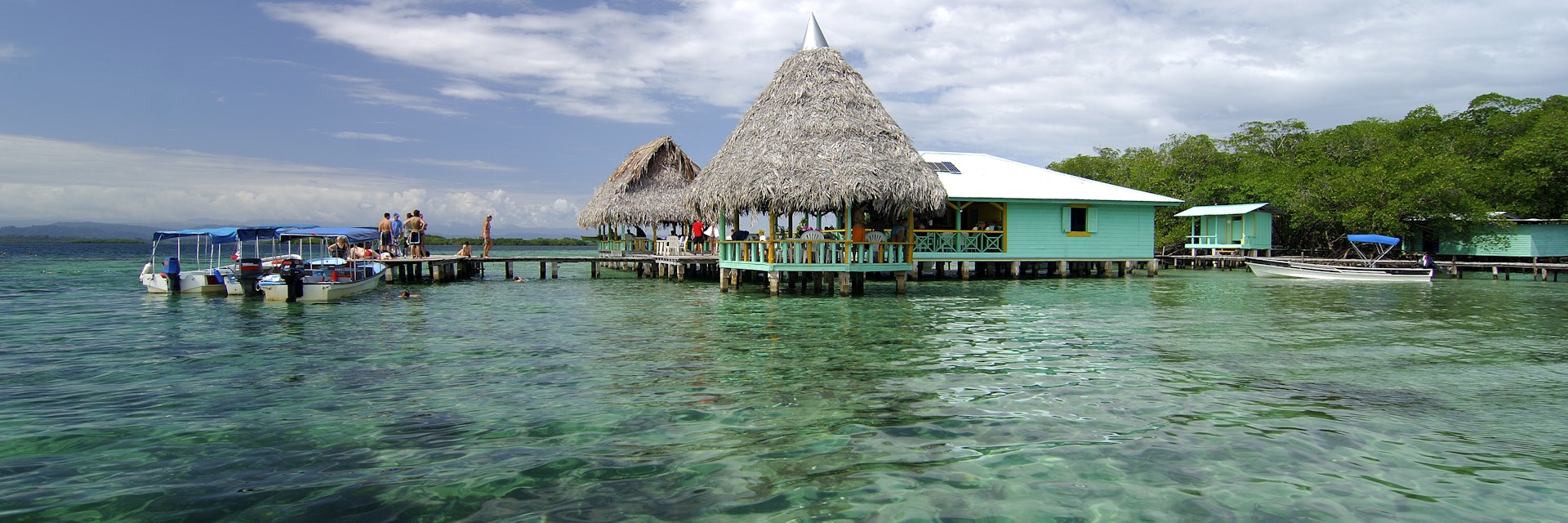 Restaurant on the tropical waters of Coral Key, Bastimentos Marine Park.