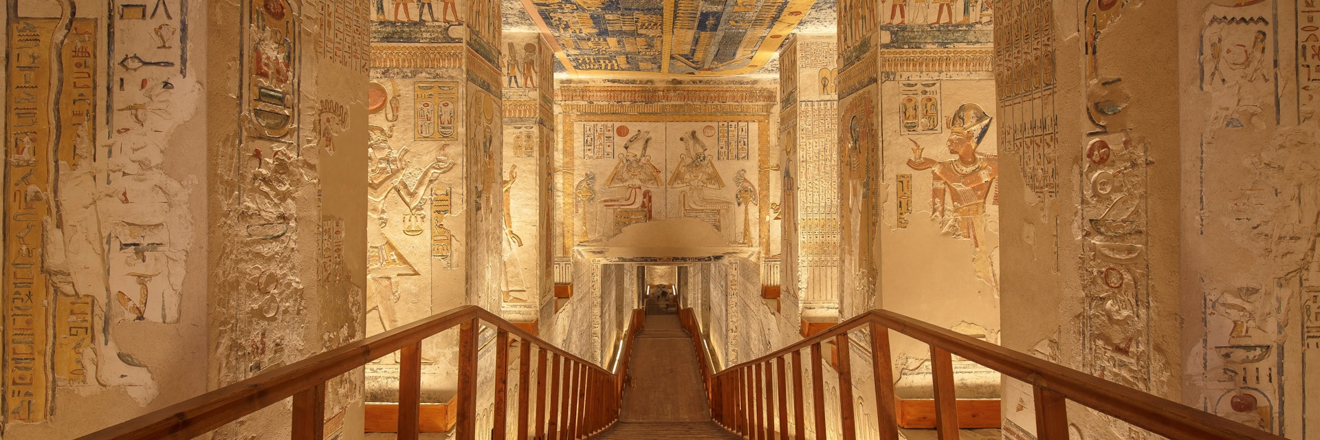 LUXOR, EGYPT - FEBRUARY 5 2016 - Unique shot of the Ramesses VI tomb in Valley of the Kings. Obtaining permission for taking images there is painstaking but worth it.; Shutterstock ID 467883095; Your name (First / Last): Lauren Keith; GL account no.: 65050; Netsuite department name: Online Editorial; Full Product or Project name including edition: Southern Egypt temples article