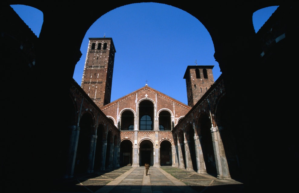 Brick belltowers (short one dates to 9th century) of Basilica di Sant' Ambrogio.