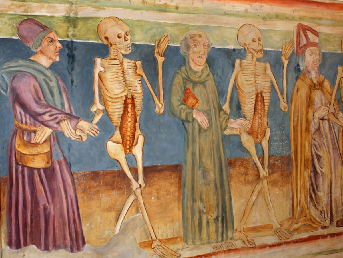 Ancient illustration (1490)  of  the Dance of Death in the church of Hrastovlje, Slovenia. 29th June 2011. For editorial use only ; Shutterstock ID 586578413; Your name (First / Last): Anna Tyler; GL account no.: 65050; Netsuite department name: Online Editorial; Full Product or Project name including edition: destination-image-southern-europe