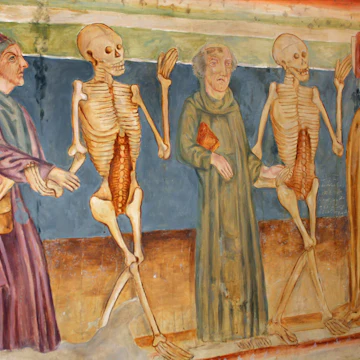 Ancient illustration (1490) of the Dance of Death in the church of Hrastovlje, Slovenia. 29th June 2011. For editorial use only ; Shutterstock ID 586578413; Your name (First / Last): Anna Tyler; GL account no.: 65050; Netsuite department name: Online Editorial; Full Product or Project name including edition: destination-image-southern-europe