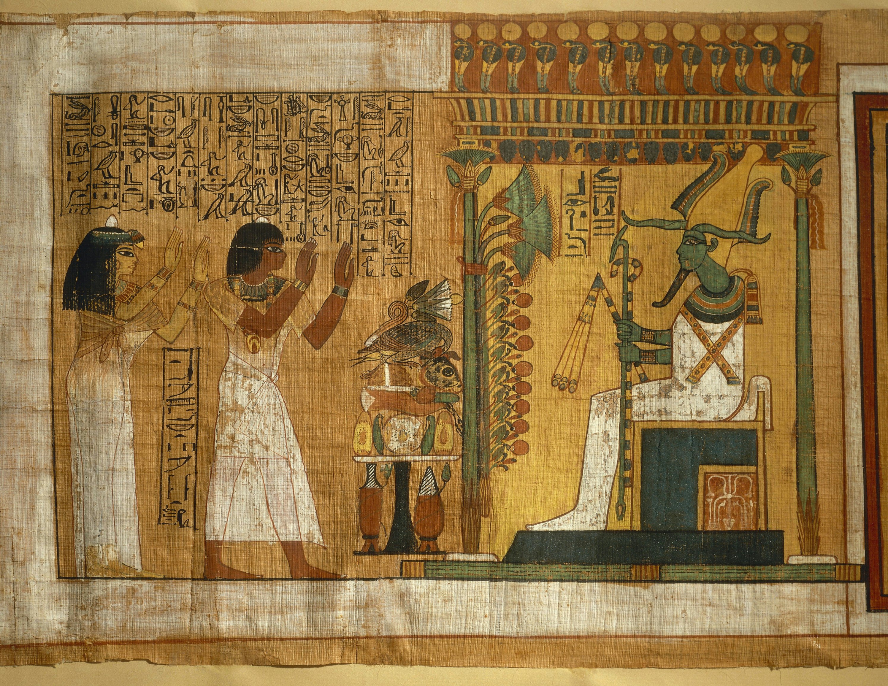 Egypt, Thebes, Tomb of Kha, The offer and worshiping to Osiris seated on a throne, fragment of the book of the dead, two column papyrus with hieroglyphs and polychrome drawings, eighteenth dynasty