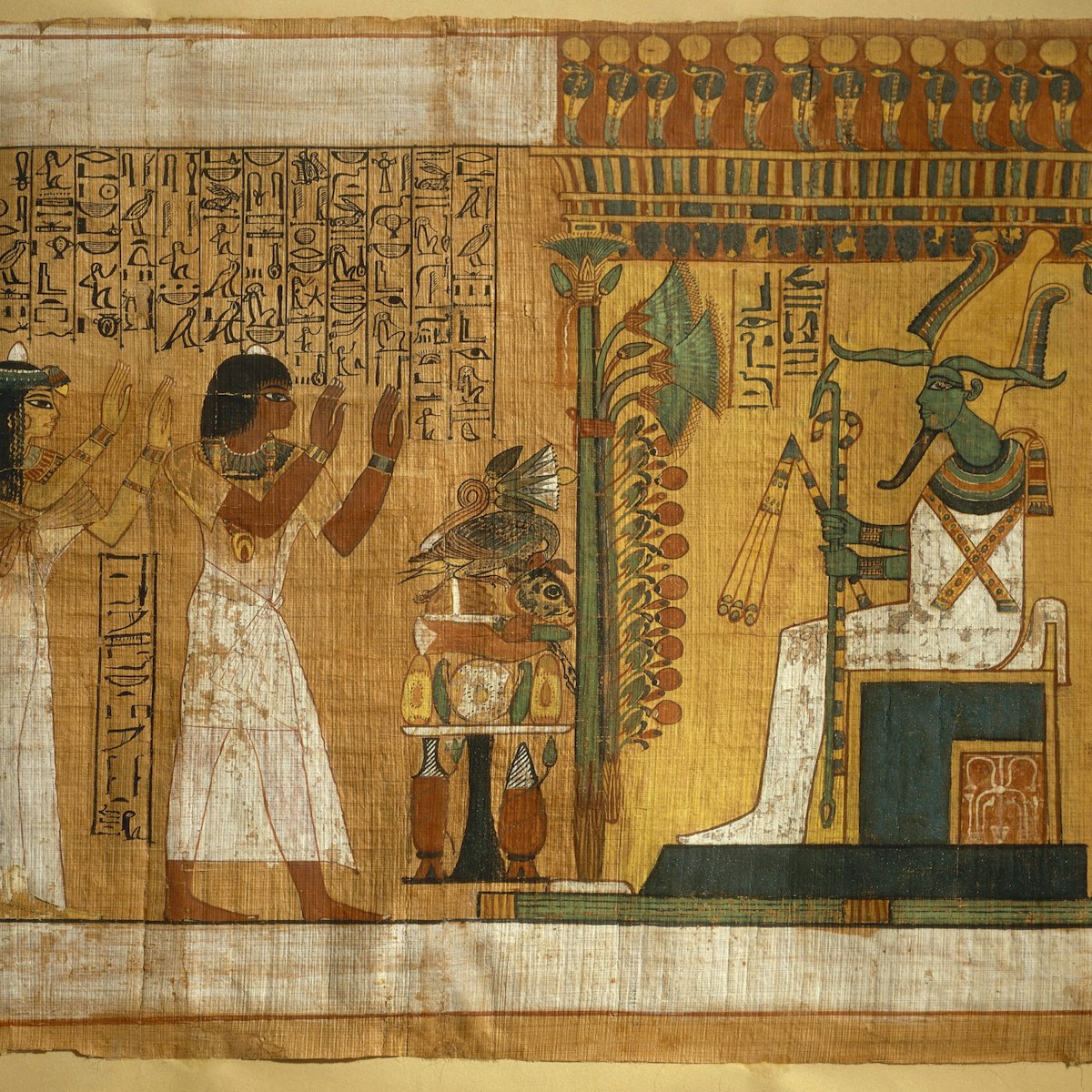 Egypt, Thebes, Tomb of Kha, The offer and worshiping to Osiris seated on a throne, fragment of the book of the dead, two column papyrus with hieroglyphs and polychrome drawings, eighteenth dynasty