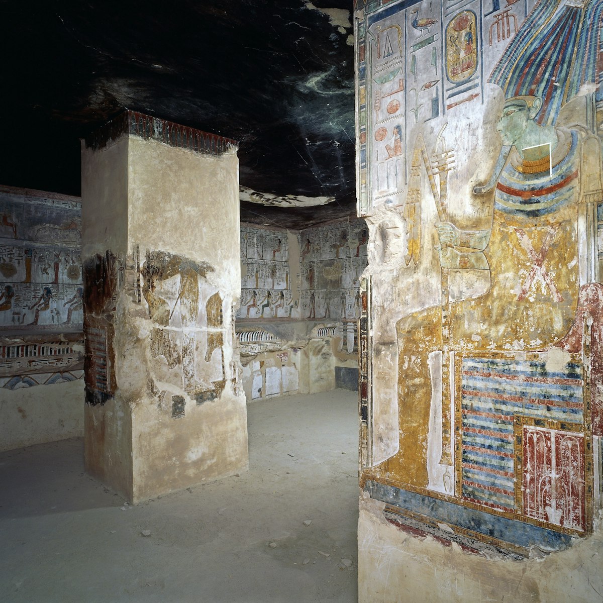 Osiris enthroned, fresco, hall of tenders, Tomb of Seti I (KV17), Valley of the Kings, Thebes (Unesco World Heritage List, 1979). Egyptian civilization, New Kingdom, Dynasty XIX.