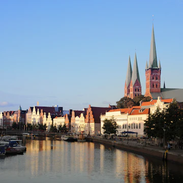 Hanseatic city of Lubeck on Trave River.