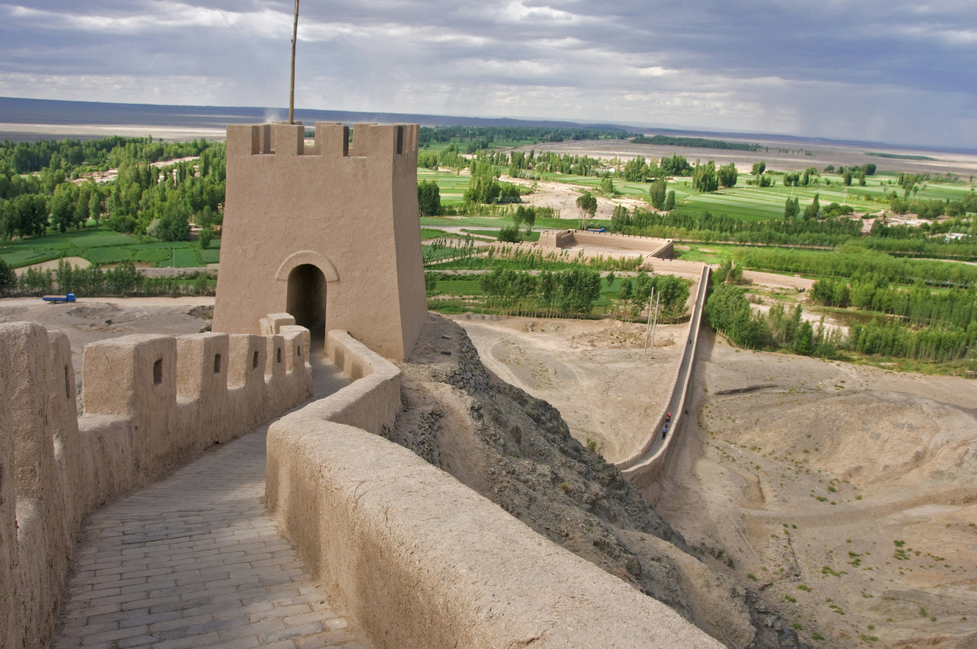 Looking along battlements of reconstructed Great Wall of China at Shiguan Gorge, near Jiayuguan.