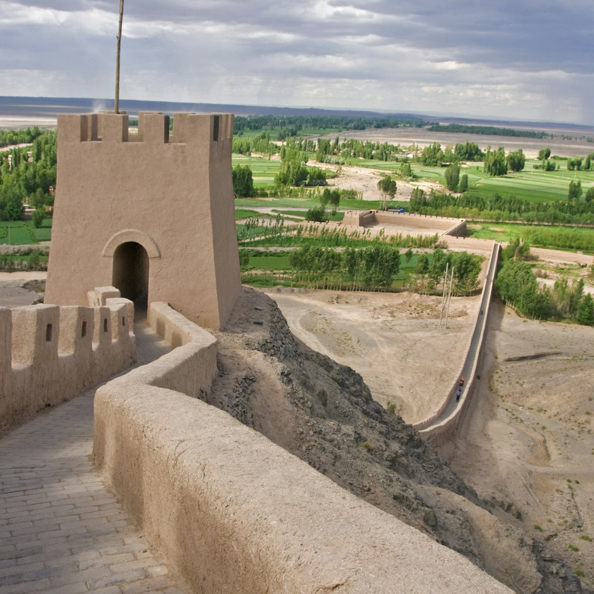Looking along battlements of reconstructed Great Wall of China at Shiguan Gorge, near Jiayuguan.