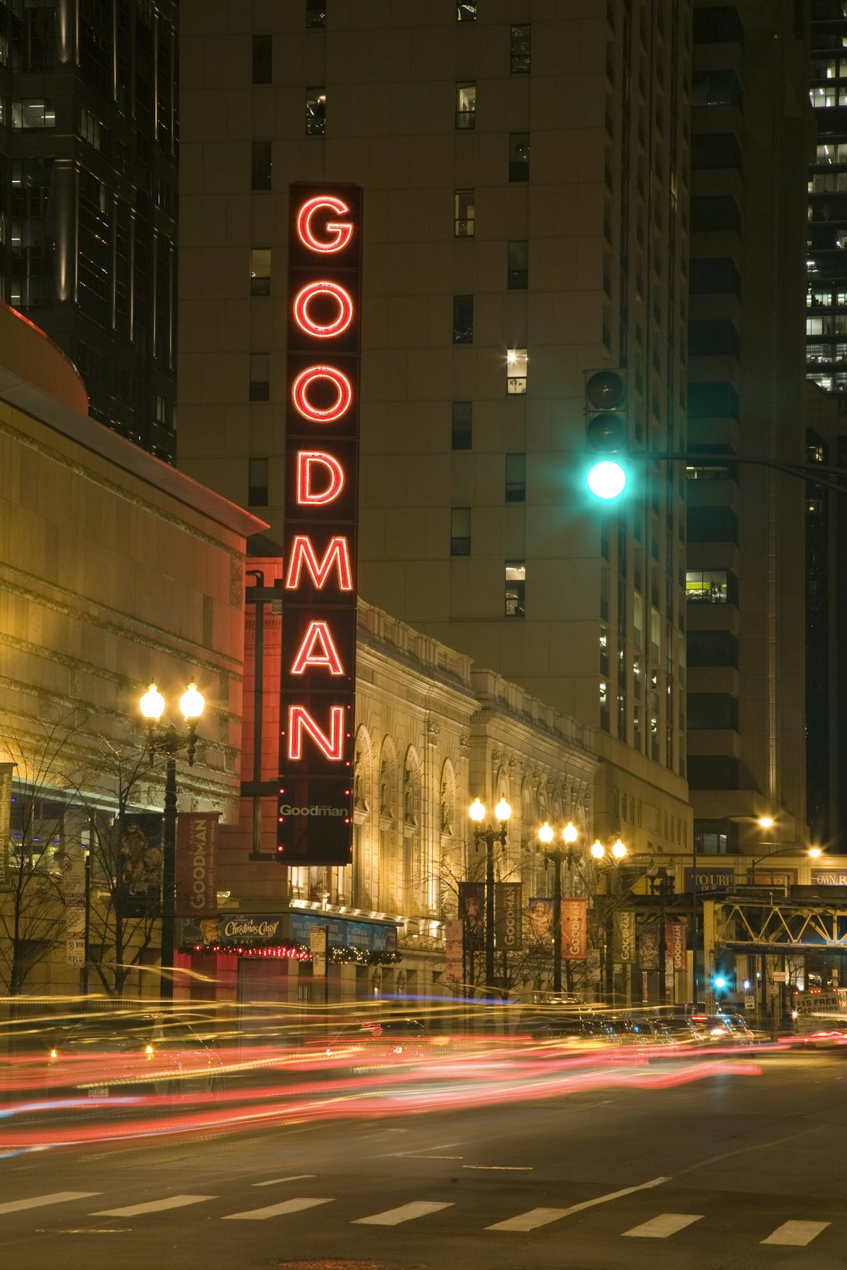 Lights from traffic in front of Goodman Theater