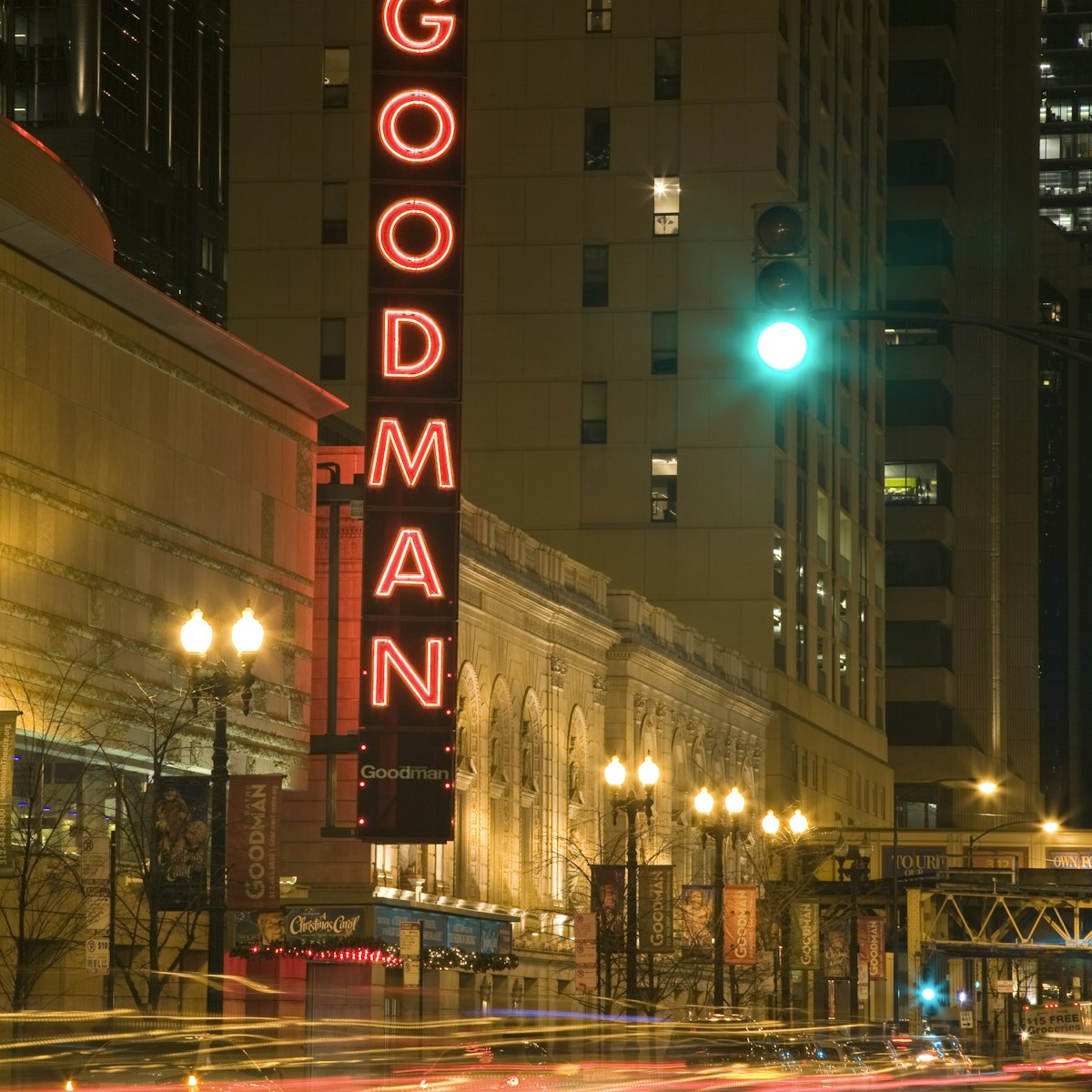 Lights from traffic in front of Goodman Theater
