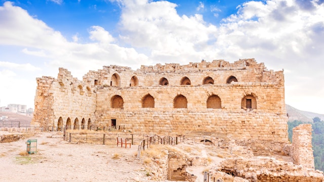 Karak Castle in Al Karak, Jordan. It is one of the largest crusader castles in the Levant and was built in 1142. It is located about 140 km south of Amman.; Shutterstock ID 177040202; Your name (First / Last): Lauren Keith; GL account no.: 65050; Netsuite department name: Content Asset; Full Product or Project name including edition: Jordan 2017
