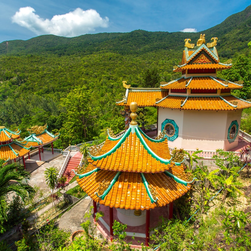 Kuan yin, chinese temple overlooking Chaloklum Bay at Koh Phangan, Thailand; Shutterstock ID 197205806; Your name (First / Last): Josh Vogel; GL account no.: 56530; Netsuite department name: Online Design; Full Product or Project name including edition: Digital Content/Sights