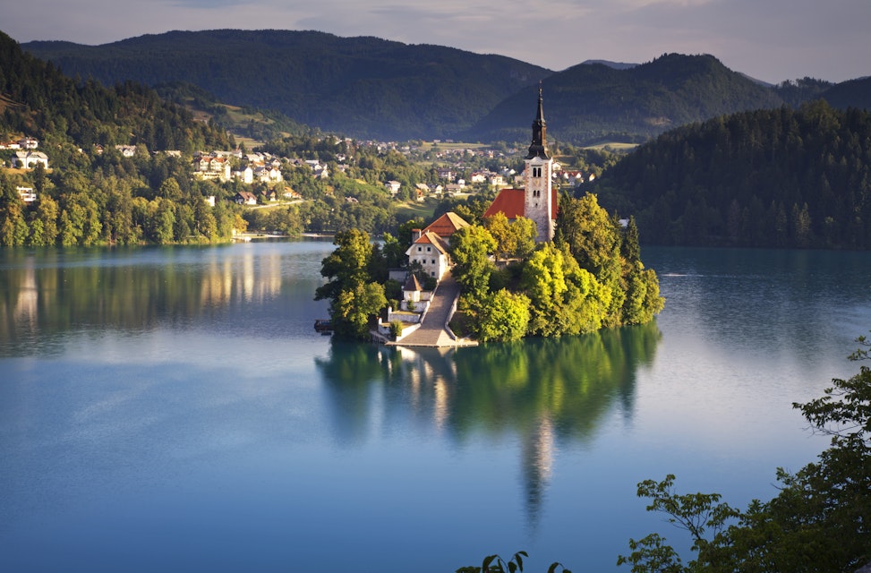 Slovenia, Julian Alps, Upper Carniola, Lake Bled, Church and island on Lake Bled