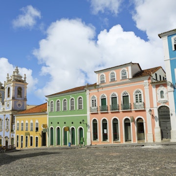 Brazil Salvador - Pelourinho with the famous Church of Nosso Senhor do Bonfim ( Portuguese: Igreja de Nosso Senhor do Bonfim ) on the left side.Stitched Panorama photo