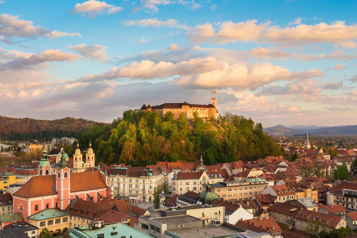 Panorama of the Slovenian capital Ljubljana at sunset.; Shutterstock ID 186963659; Your name (First / Last): Josh Vogel; Project no. or GL code: 56530; Network activity no. or Cost Centre: Online-Design; Product or Project: 65050/7529/Josh Vogel/LP.com Destination Galleries