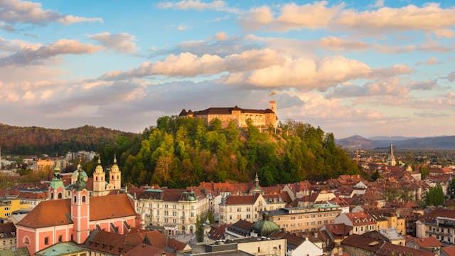 Panorama of the Slovenian capital Ljubljana at sunset.; Shutterstock ID 186963659; Your name (First / Last): Josh Vogel; Project no. or GL code: 56530; Network activity no. or Cost Centre: Online-Design; Product or Project: 65050/7529/Josh Vogel/LP.com Destination Galleries