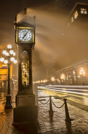 A car drove by just as  I was snapping a photo of the Gastown steam clock.  It added some nice streaks to the photo.